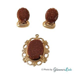 Vintage Mid-Century Goldstone Gold Tone Clip On Earrings and Pendant Jewelry Set